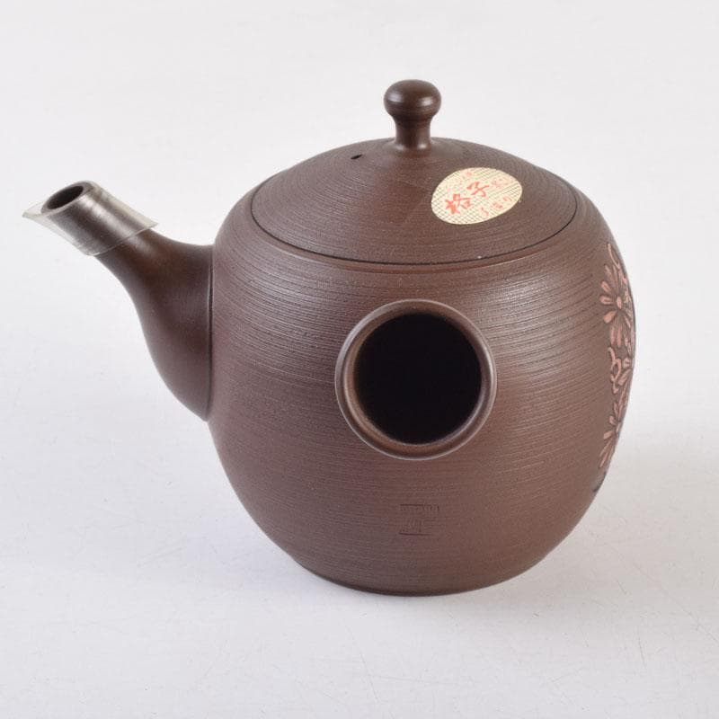 煎茶道具　常滑焼　光松作　朱泥　花草刻　横手急須　V　8655