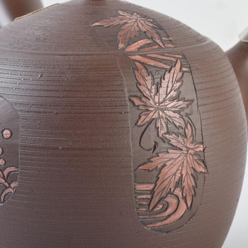 煎茶道具　常滑焼　光松作　朱泥　花草刻　横手急須　V　8655