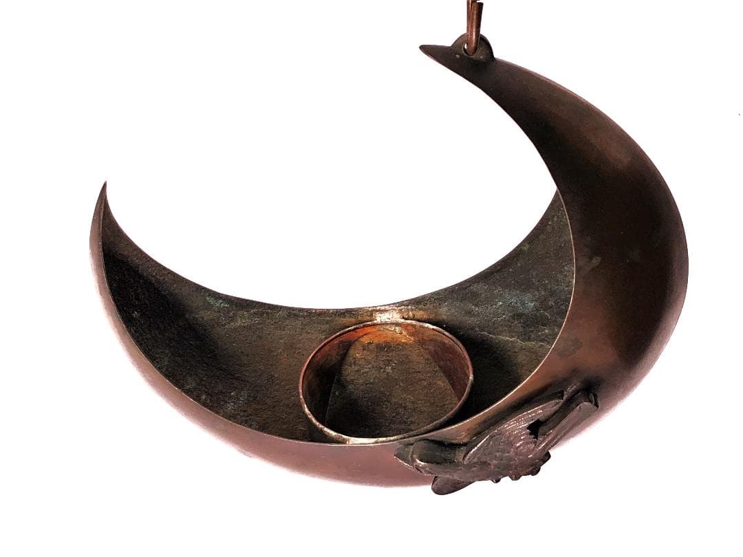 【 三日月形砂張吊花生 】　不如帰赤銅彫金　江戸～明治時代