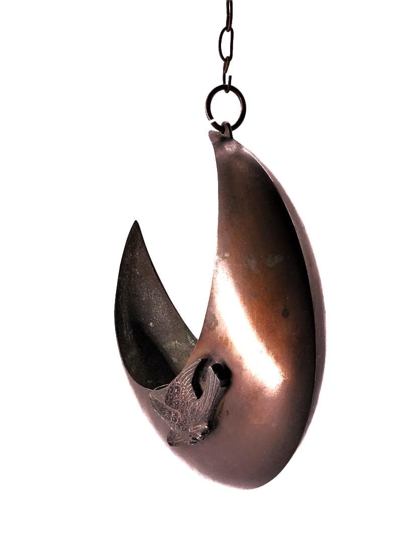 【 三日月形砂張吊花生 】　不如帰赤銅彫金　江戸～明治時代