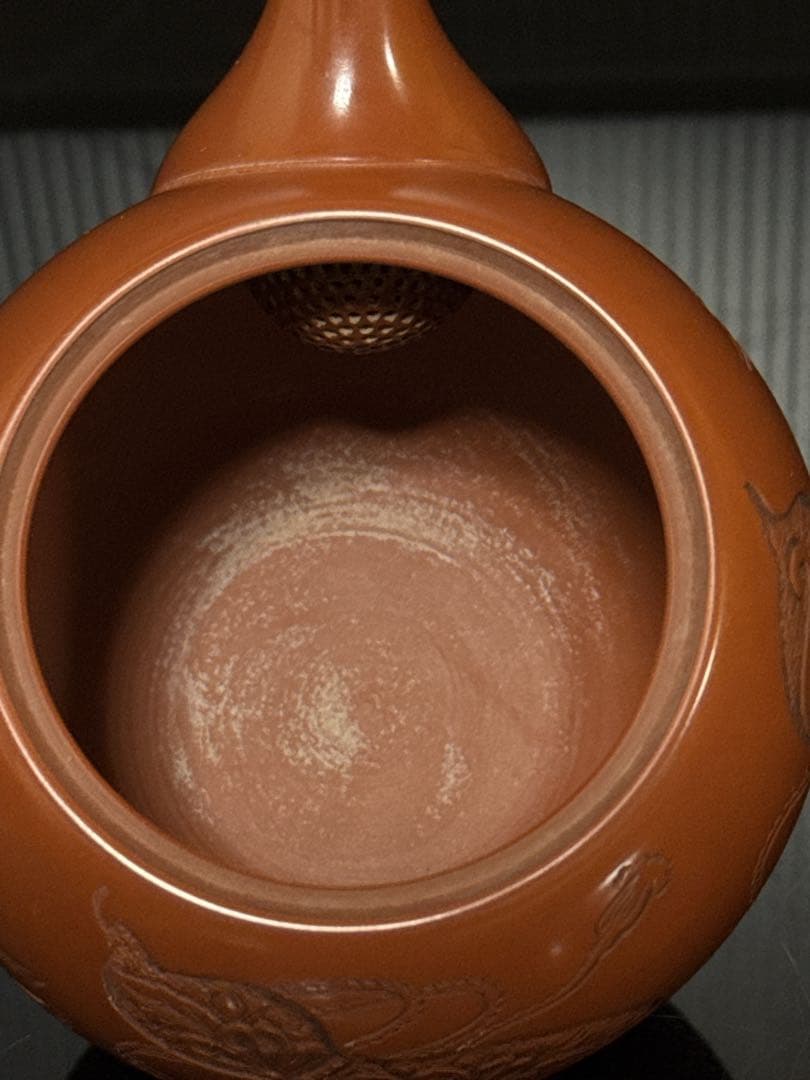 極上 常滑焼 名人 山田宝生 作 細密彫刻瓢図 急須 茶道具