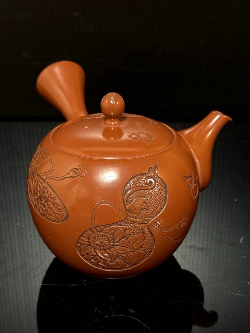 極上 常滑焼 名人 山田宝生 作 細密彫刻瓢図 急須 茶道具