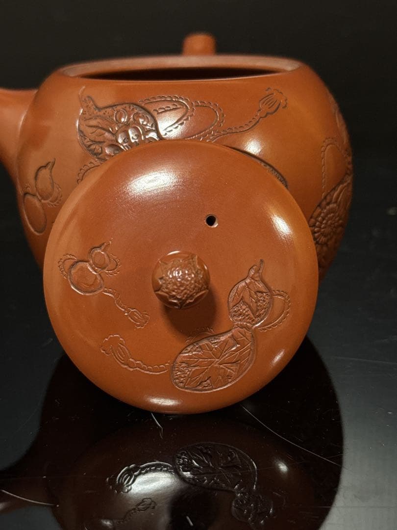 極上 常滑焼 名人 山田宝生 作 細密彫刻瓢図 急須 茶道具