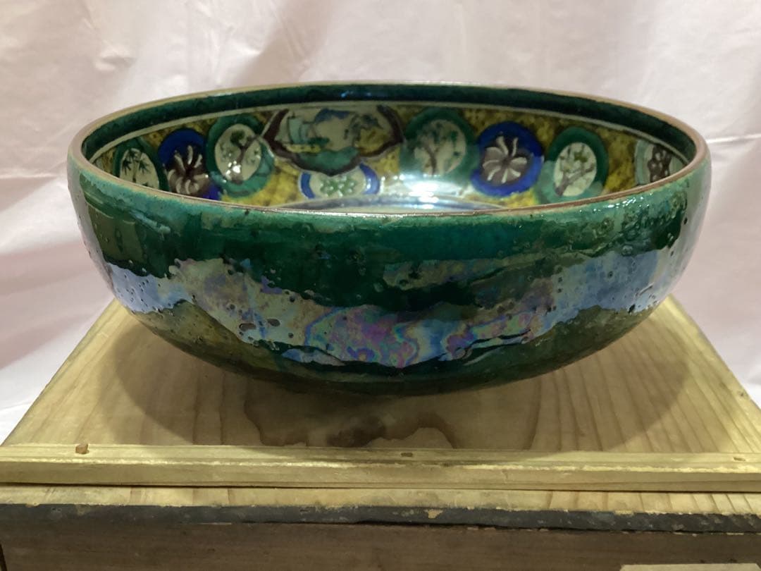 古九谷青手唐絵見付鉢　江戸時代　けんざん　緑角福　獅子　牡丹　尾形乾山　吉田屋窯