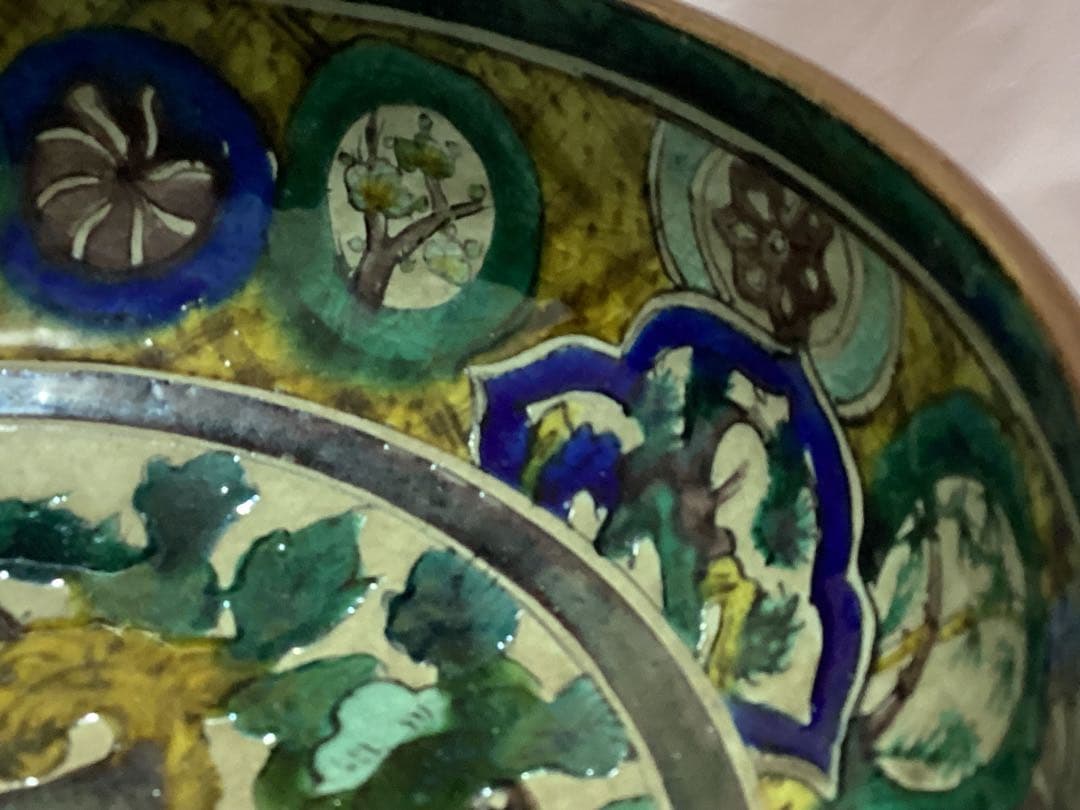 古九谷青手唐絵見付鉢　江戸時代　けんざん　緑角福　獅子　牡丹　尾形乾山　吉田屋窯