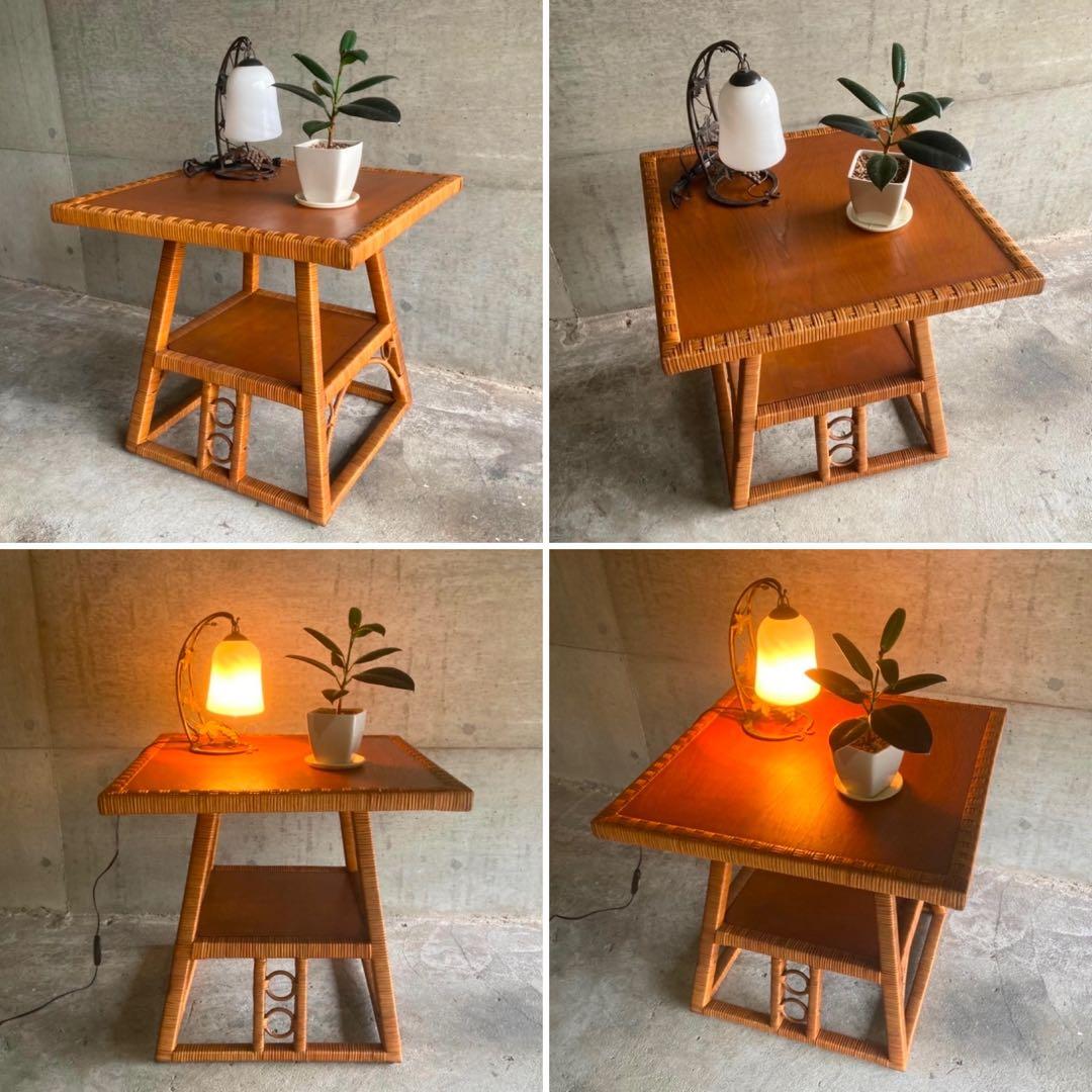 籐 ラタン 木製 コーヒーテーブル カフェ 机 スクエア レトロ ビンテージ