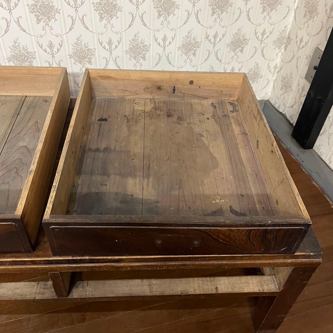 【アンティーク】木製 無垢材 文机 座卓 書斎机 2杯引出し 古家具 古民家