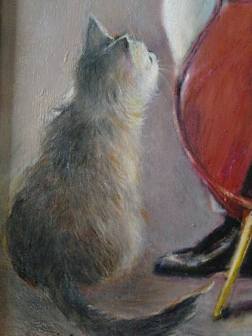 チェロを弾く少女と猫　オリジナル絵画　油彩画　F30号