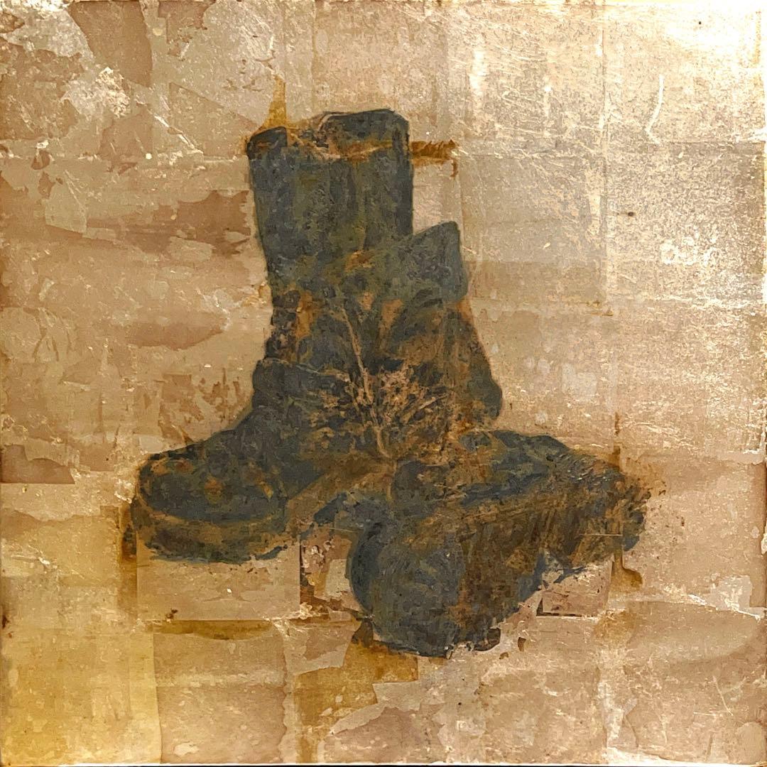 A 日本画　銀箔　ブーツ　パネル　靴