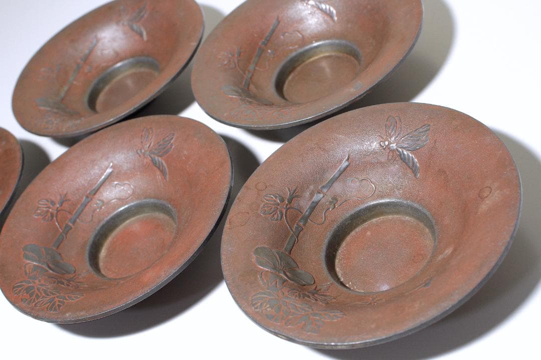 明治金工『正明』銅鍍金 錫茶托 五客揃 [朝顔と蜂図]
