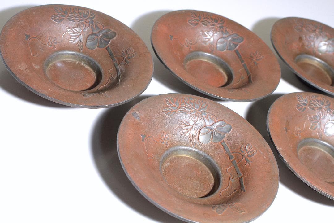 明治金工『正明』銅鍍金 錫茶托 五客揃 [朝顔と蜂図]