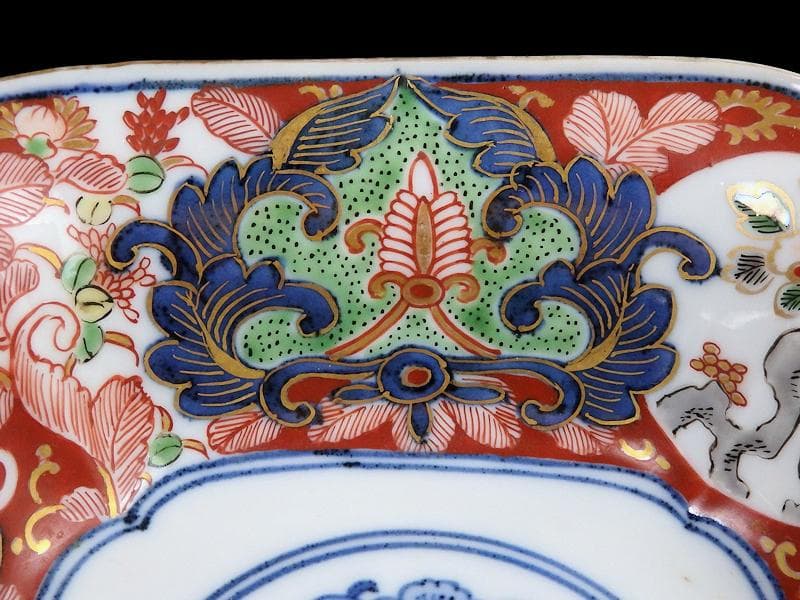 大聖寺伊万里　金襴手　窓絵　牡丹に菊　獅子の図　四方角向付　B347AS-CWq