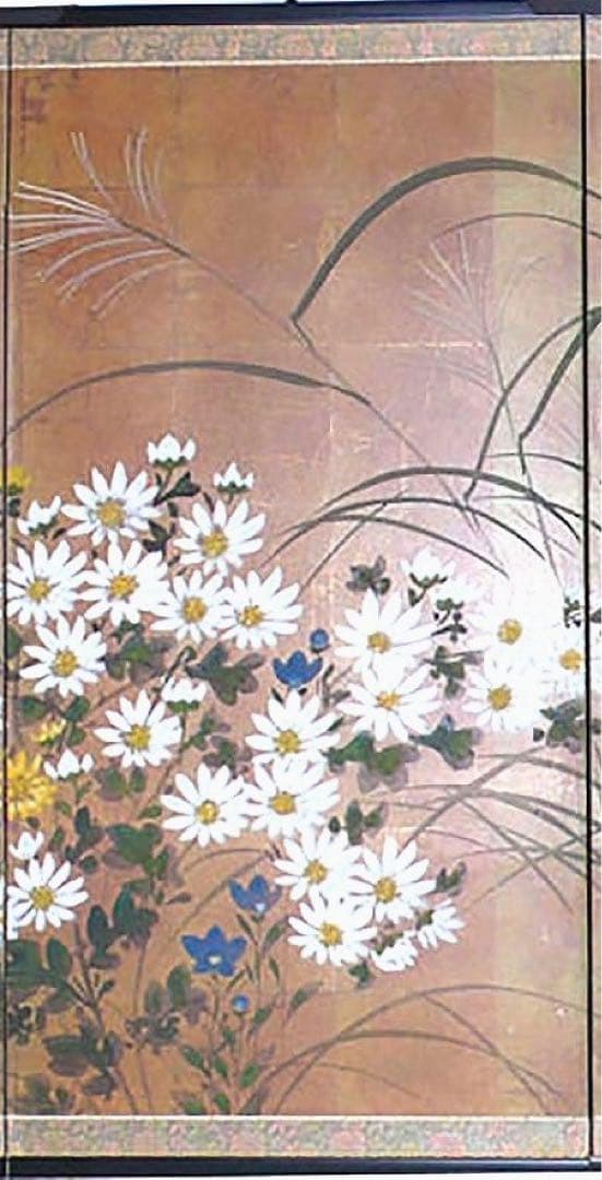 四つ折り屏風　日本画　金箔彩色　秋草