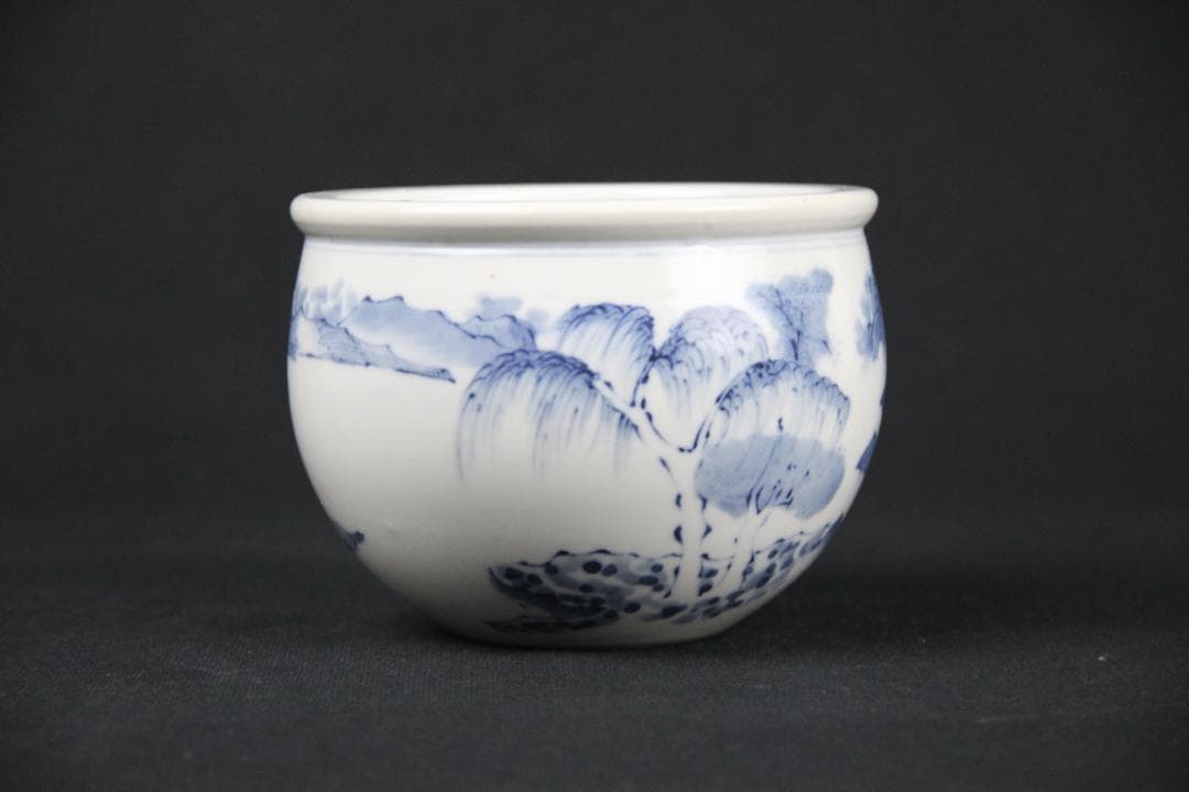 中国美術 南京染付　山水模様　建水　箱付 EA21-21