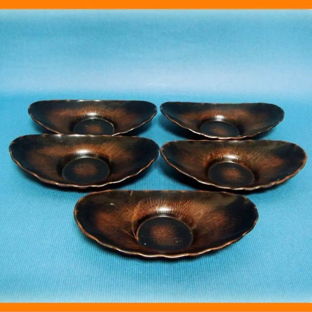 499『唐銅 木の葉形 茶托 ５枚』　/骨董品 古美術 古玩 アンティーク