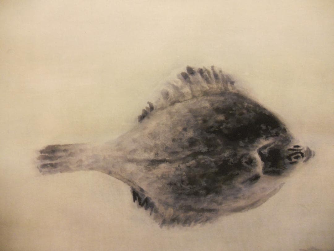 掛け軸 白倉嘉入 作『 鰈と海老図 』 絹本 希少 軸装 茶道具 掛軸 美品