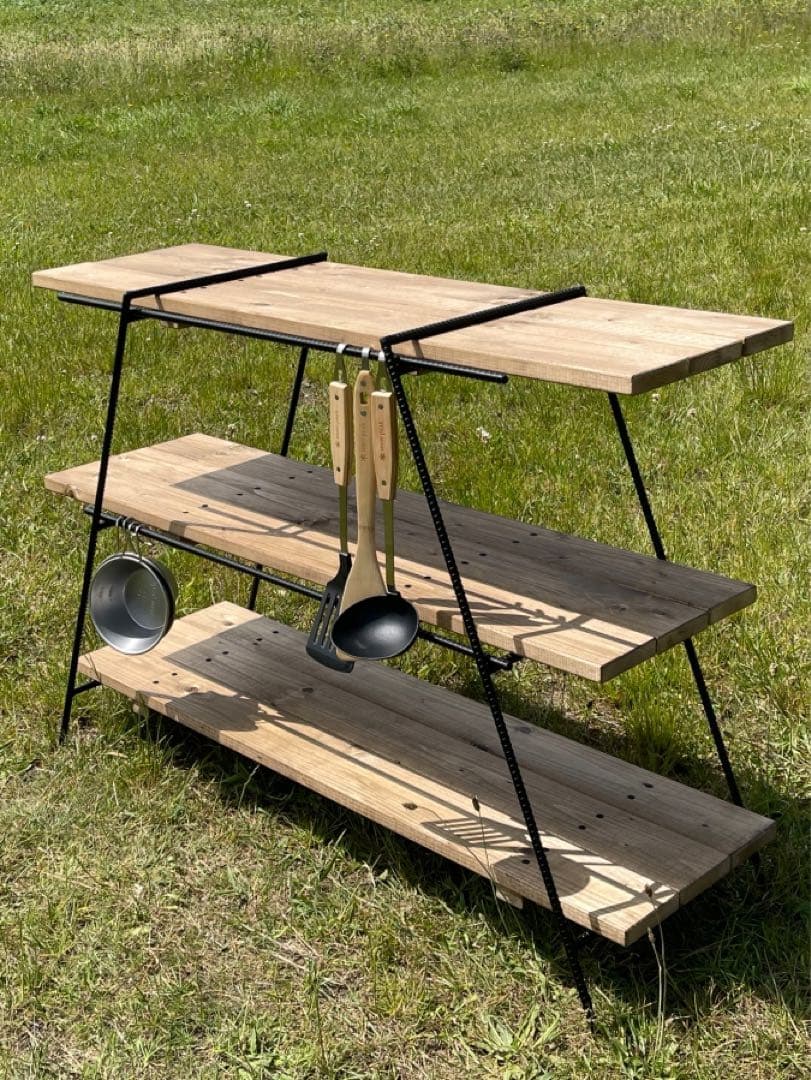 吊り下げ３段シェルフ70 アンティークウッド　アイアンラック/レッグ　キャンプ