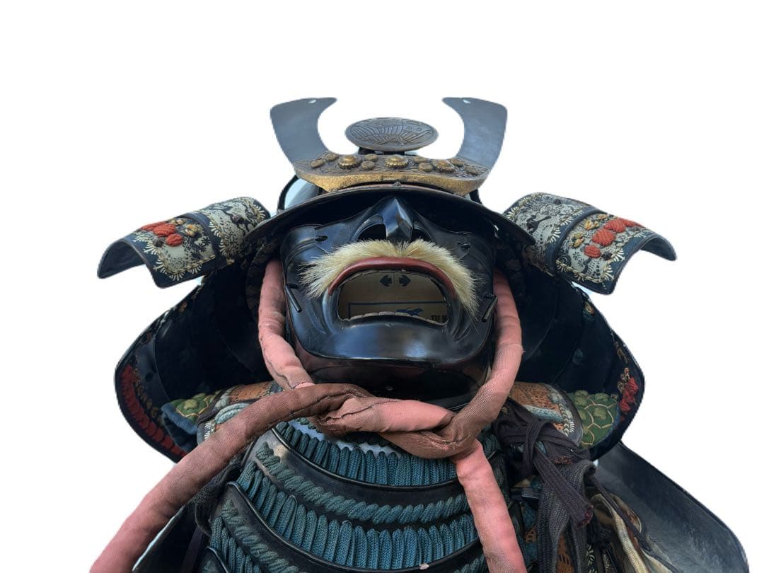 日本美術 時代甲冑 等身大 家紋入 丸に揚羽蝶 鎧兜 一式 面頬 鎧櫃 鎧立付