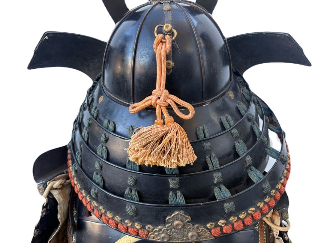 日本美術 時代甲冑 等身大 家紋入 丸に揚羽蝶 鎧兜 一式 面頬 鎧櫃 鎧立付