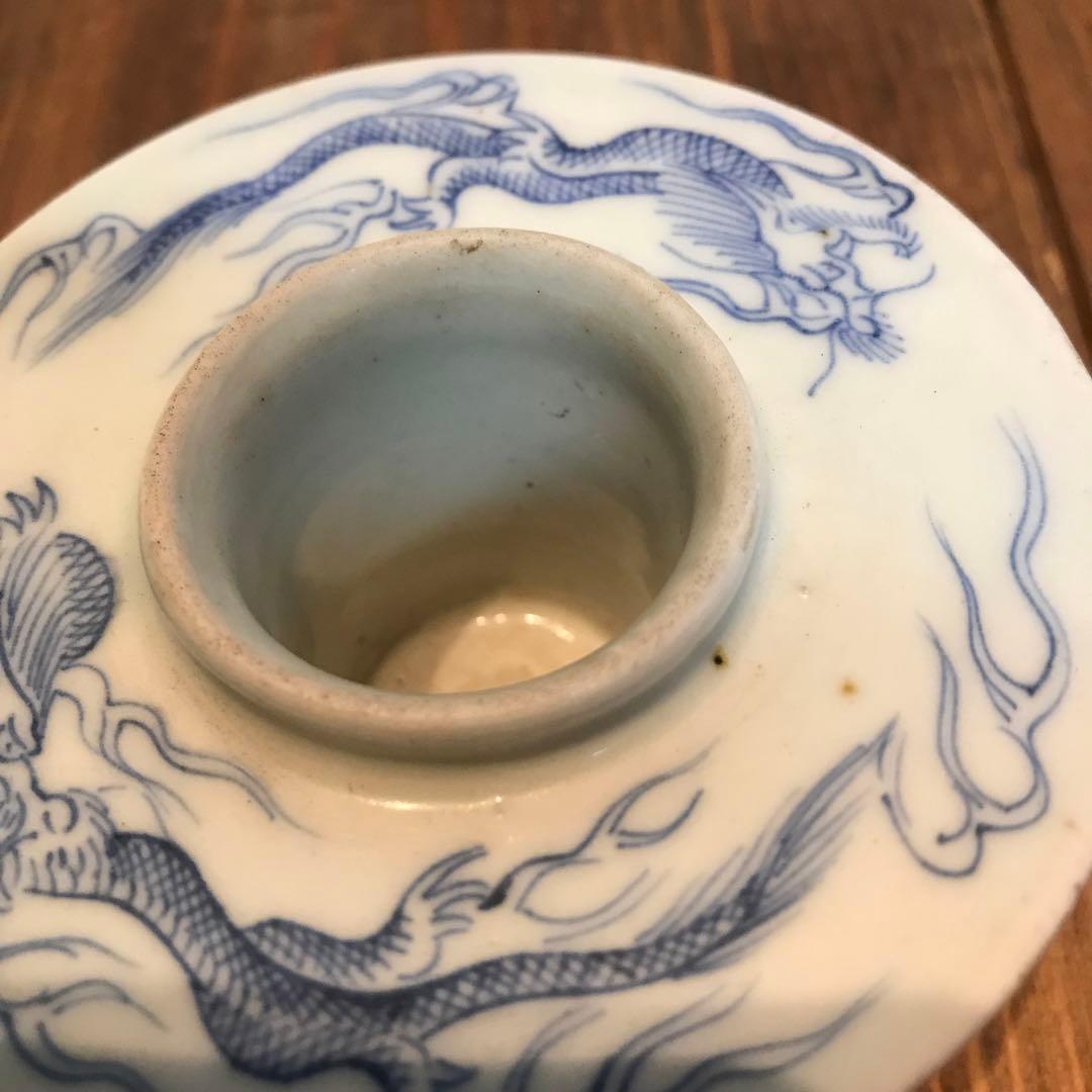 美品　古伊万里　染付　龍　盃台　年代物　焼物　杯台　酒器　迫力ある絵柄