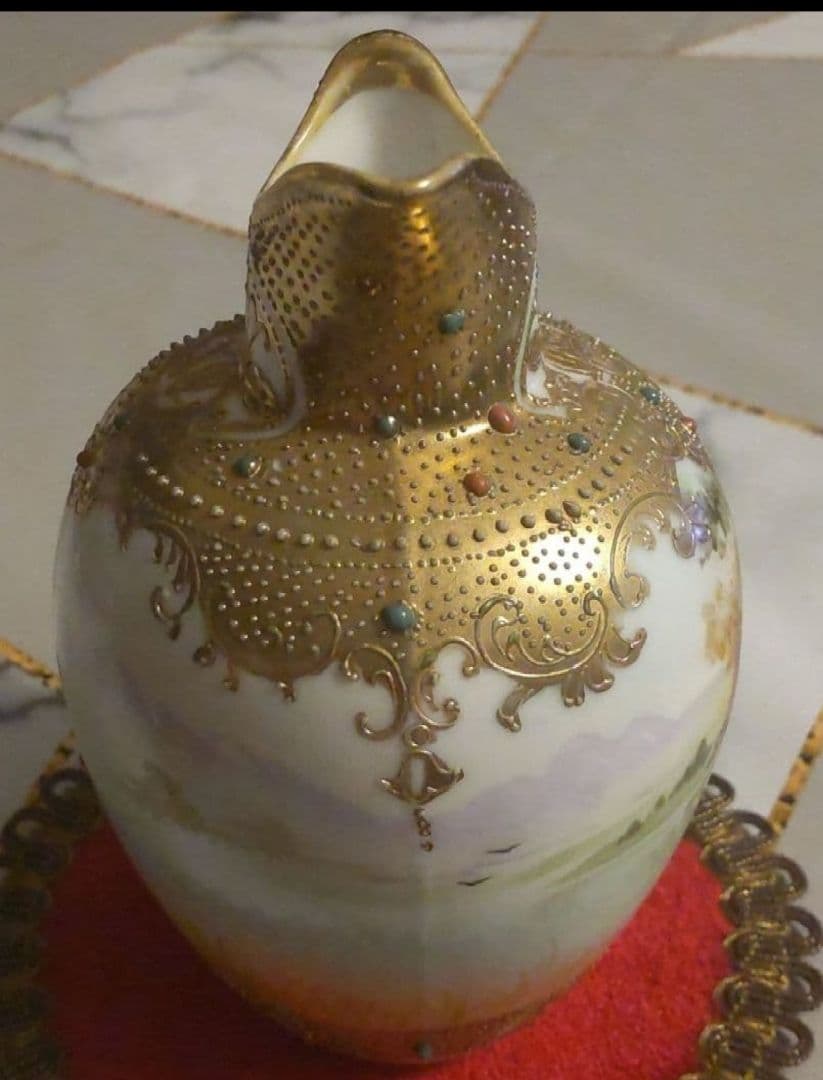 オールドノリタケ 金彩 メイプルリーフ エナメルビジューの美しい風景絵花