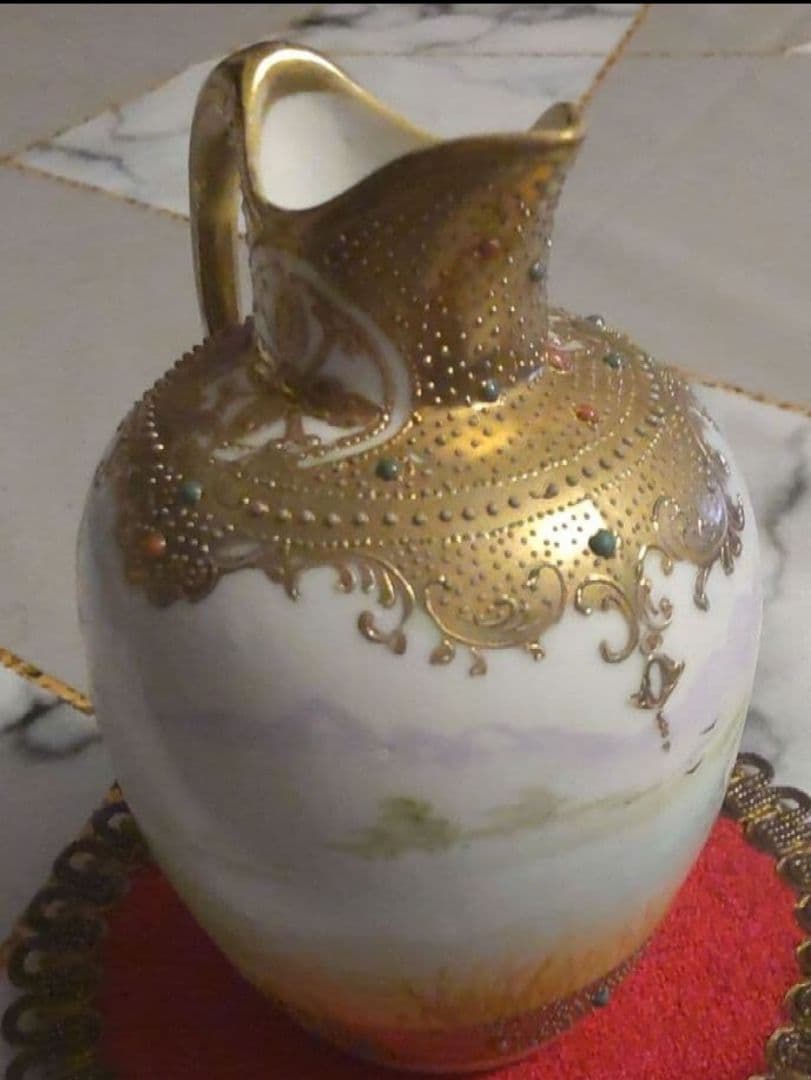 オールドノリタケ 金彩 メイプルリーフ エナメルビジューの美しい風景絵花