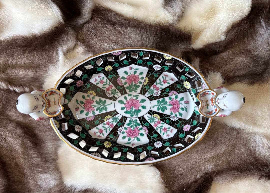 HEREND ヘレンド　西安の黒　29cm透かしディッシュ トレイ　マンダリン