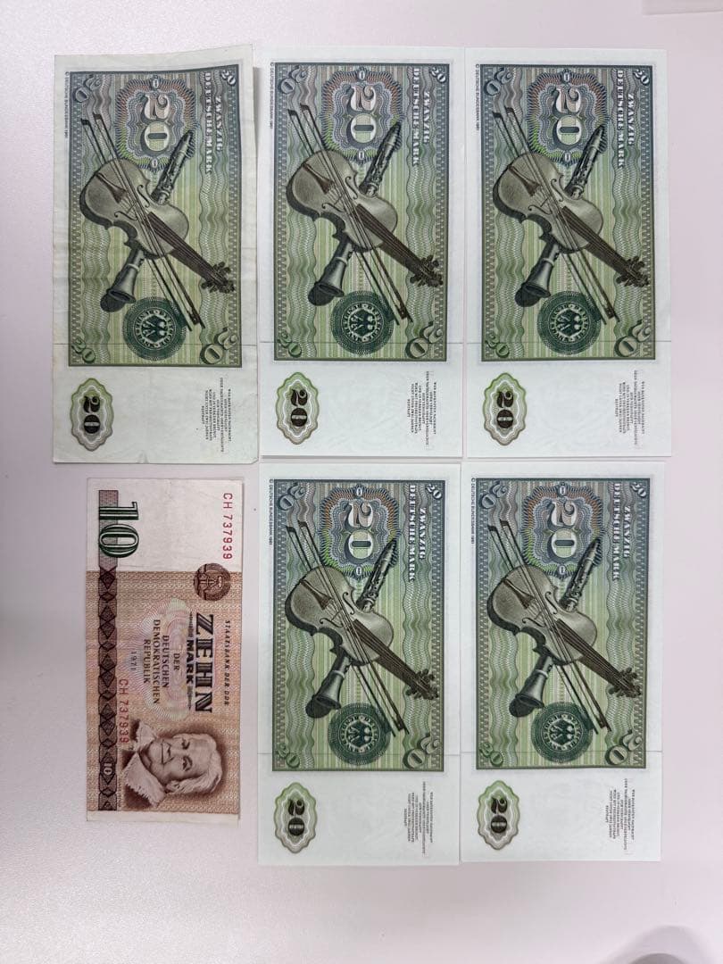 1980年　ドイツ 紙幣20マルク　5枚　1971年10マルク1枚