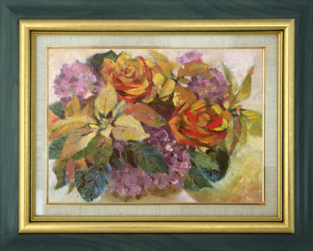 油絵 菅家令子 絵 絵画 インテリア 額付 (白）uF6-110202　花