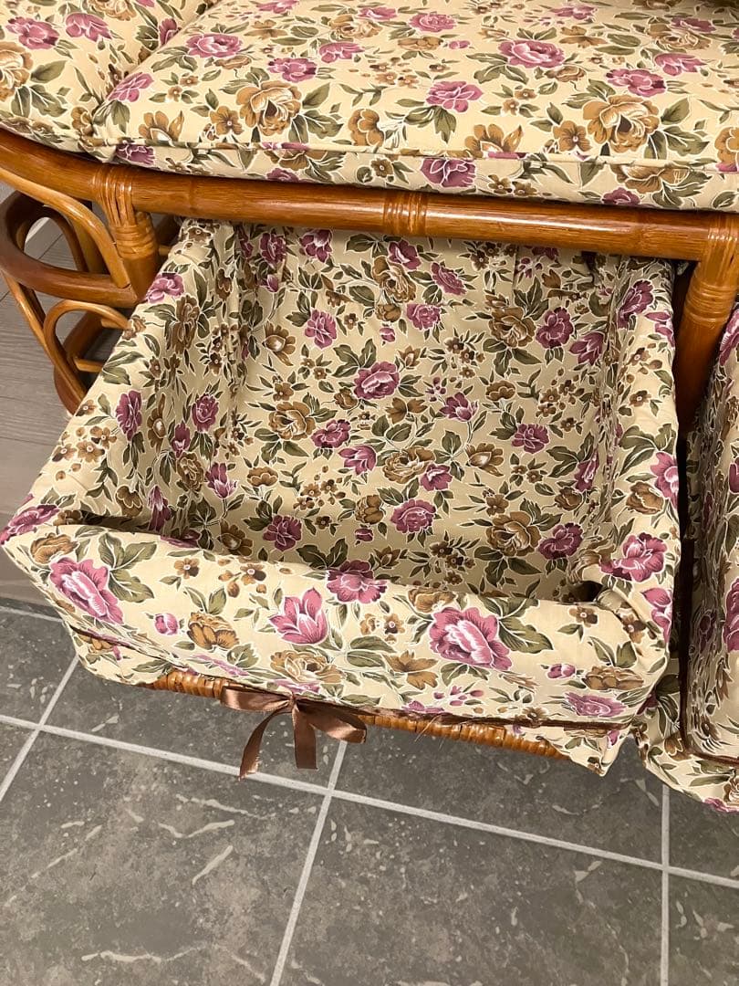 美品 ラタン ソファ ハイバックカウチ 幅120cm 昭和レトロ クッション付き