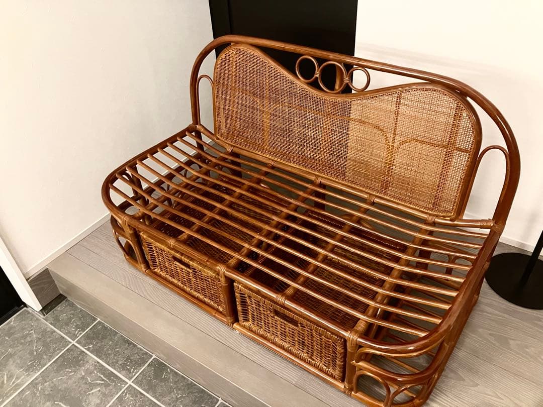 美品 ラタン ソファ ハイバックカウチ 幅120cm 昭和レトロ クッション付き