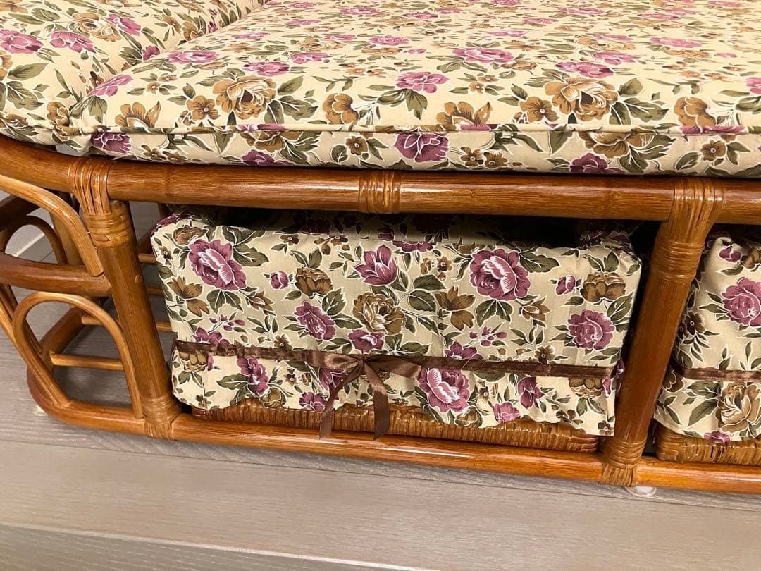 美品 ラタン ソファ ハイバックカウチ 幅120cm 昭和レトロ クッション付き