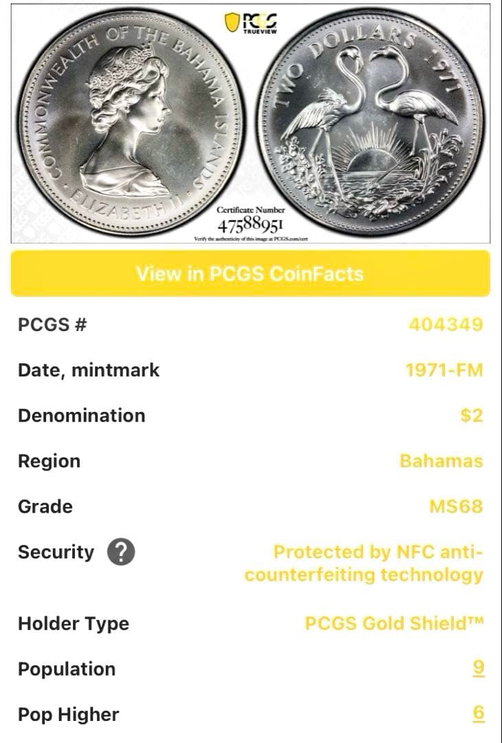 ★★Akina-(^_-)O★★　1971年バハマ2ドル記念銀貨★MS68
