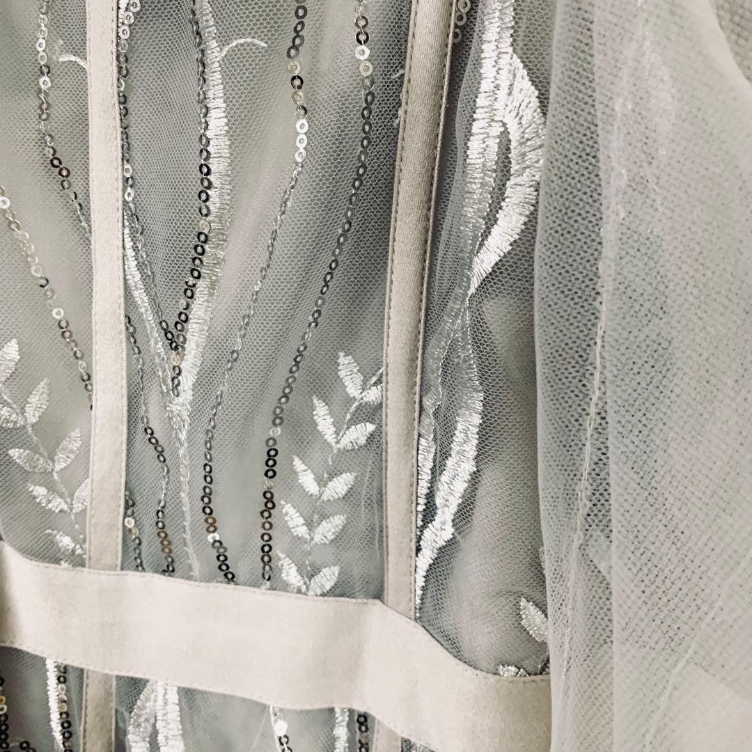 LEJA スパンコール刺繍レースプチハイネックフリルロングドレスワンピース