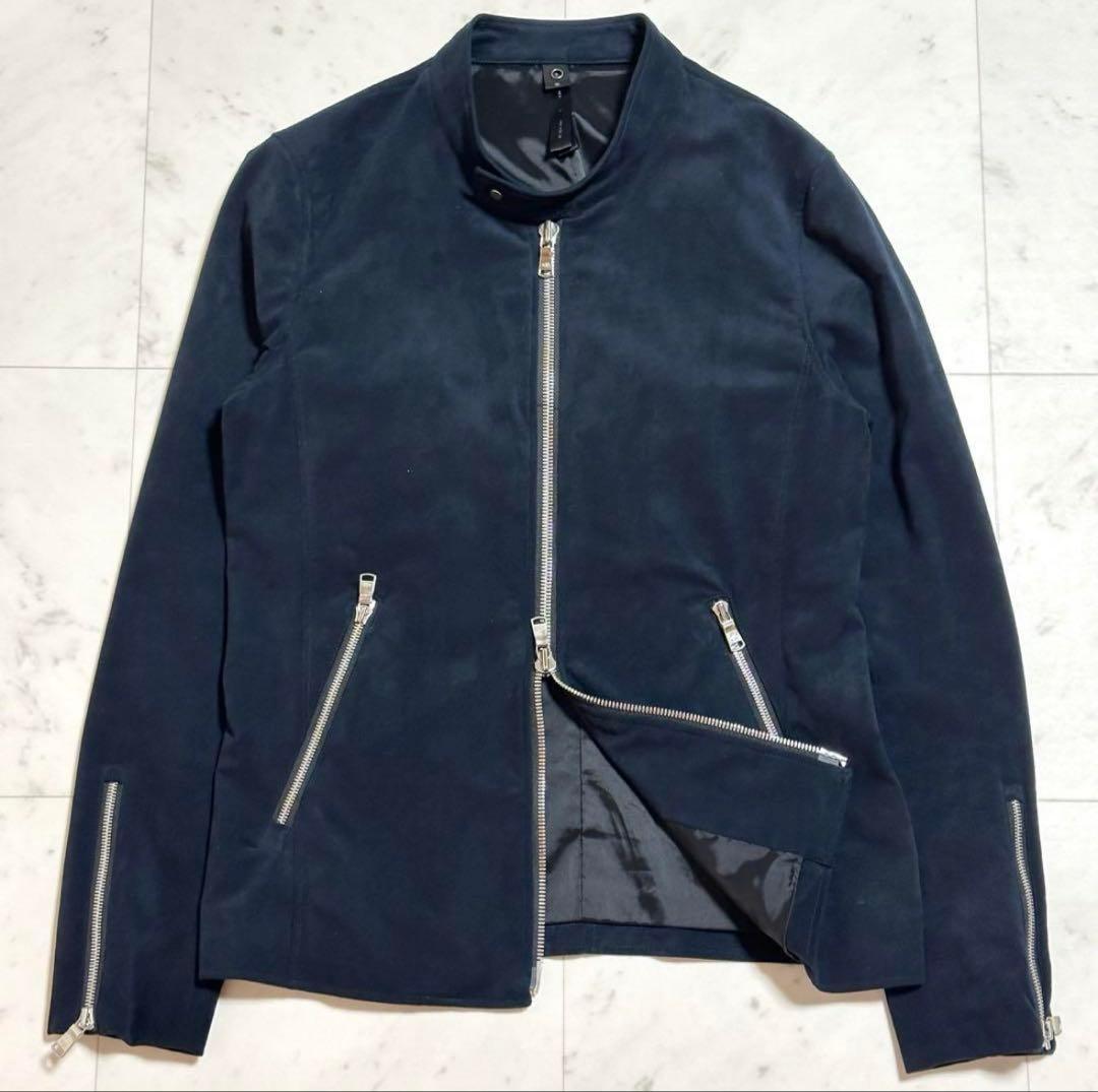 美品 wjk シングルライダースジャケット スエード ネイビー L