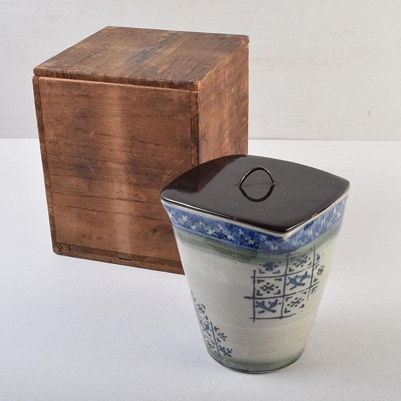 茶道具　瀬戸焼　染付　四方口　水指　時代箱　C　9046
