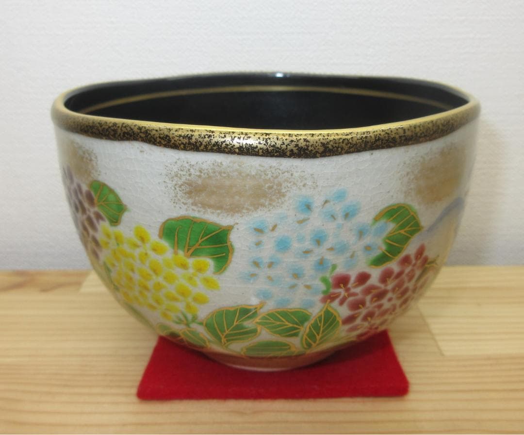 送料込【逢絢亭・新品】茶道具 茶碗 京焼 乾山 紫陽花寺 内黒塗 壱休窯 共箱