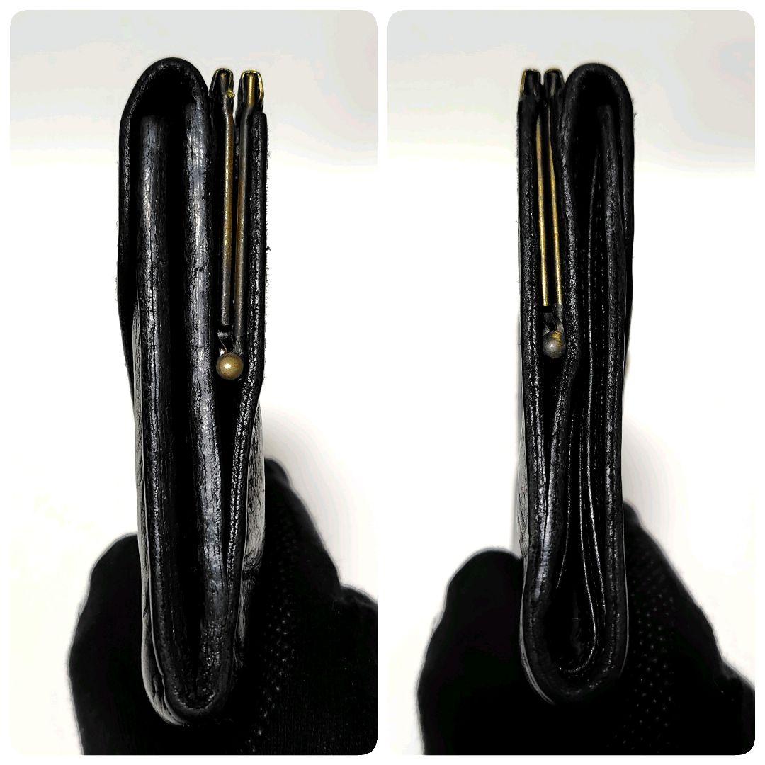 希少　イルビゾンテ　折り財布　黒　革　がま口　オーストリッチ　型押し　金ボタン