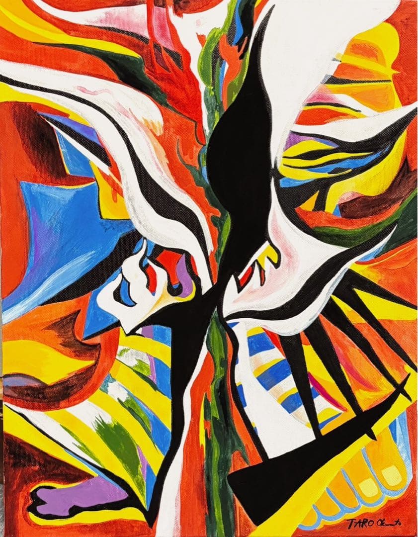 【F6号】手描き油彩画　岡本太郎【哄笑】豪華額縁　サイン　人気作家　万博　絵画