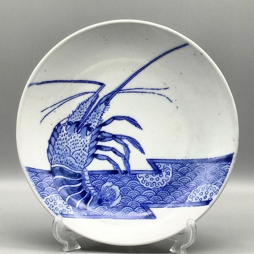 明治鍋島焼 染付 伊勢海老 青海波 雪輪文 櫛高台皿　他、　計二点セット