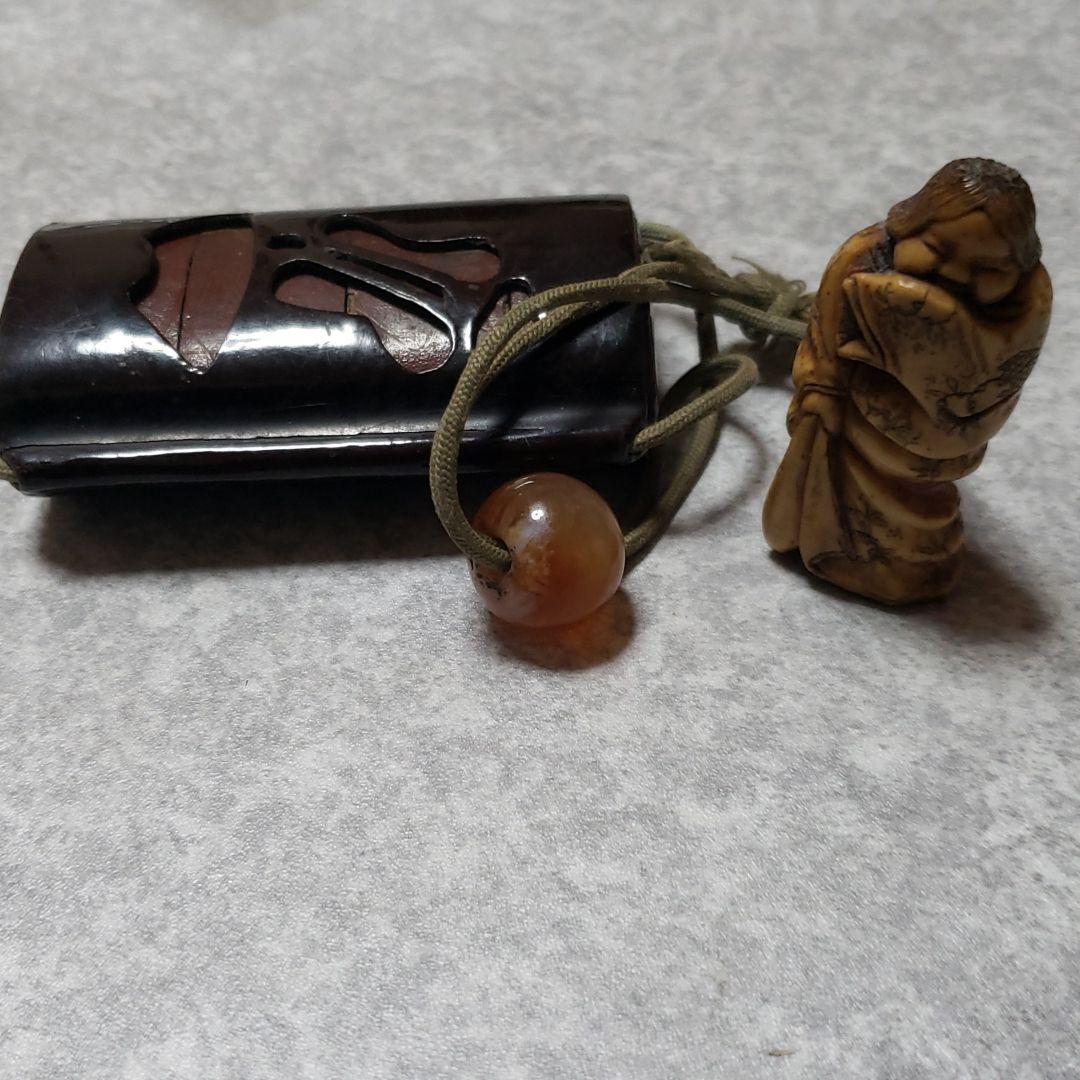 根付　印籠　玉　3点セット　根付　おたふく（幸福、幸運、長寿の象徴）　縁起物