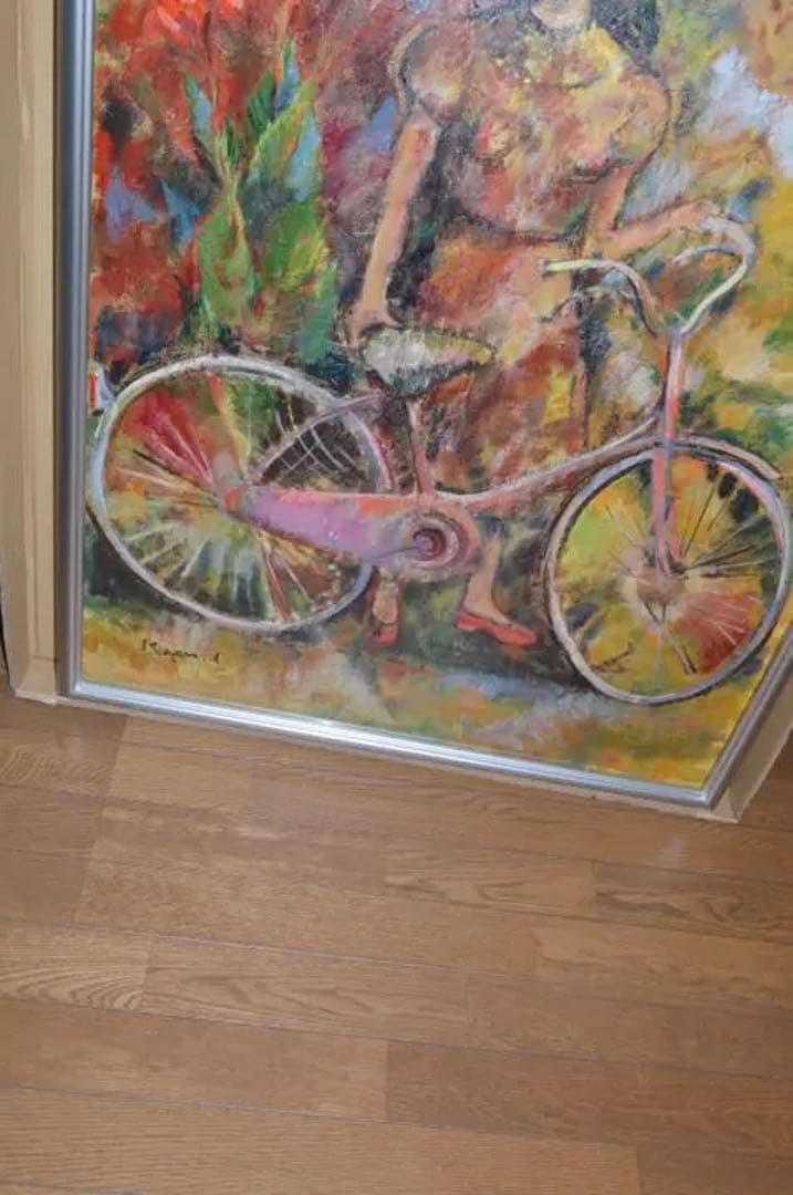 井上和久油彩画 自転車と少女