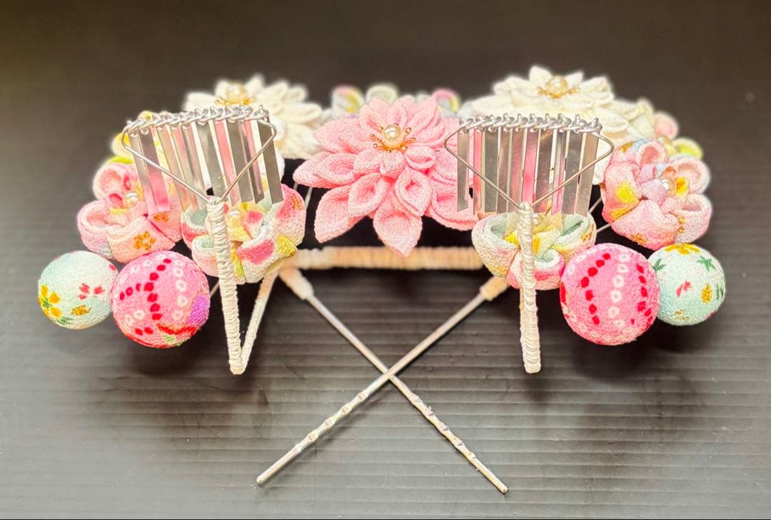 七五三髪飾りセット つまみ細工 パステルカラー 白色×桜色 7-32