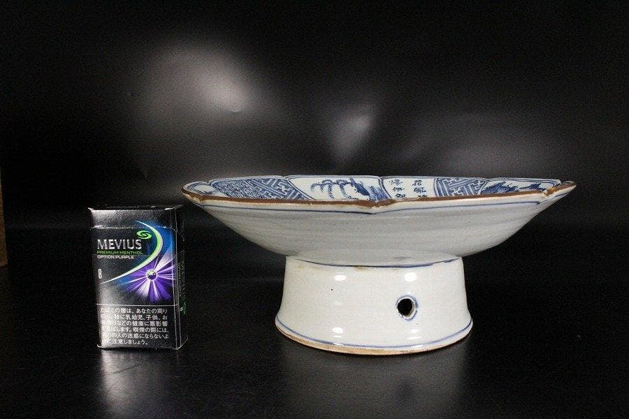 中国美術 唐物 名品 古染付 祥瑞 菓子器 高盤 φ26.5cm 明 旧家蔵出