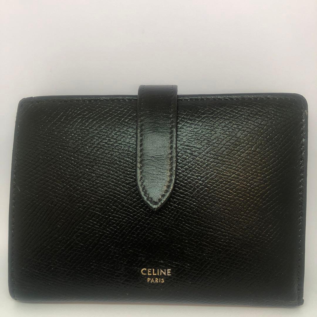 【最安値】CELINE セリーヌ　二つ折り財布　レザー ストラップ　付属品あり