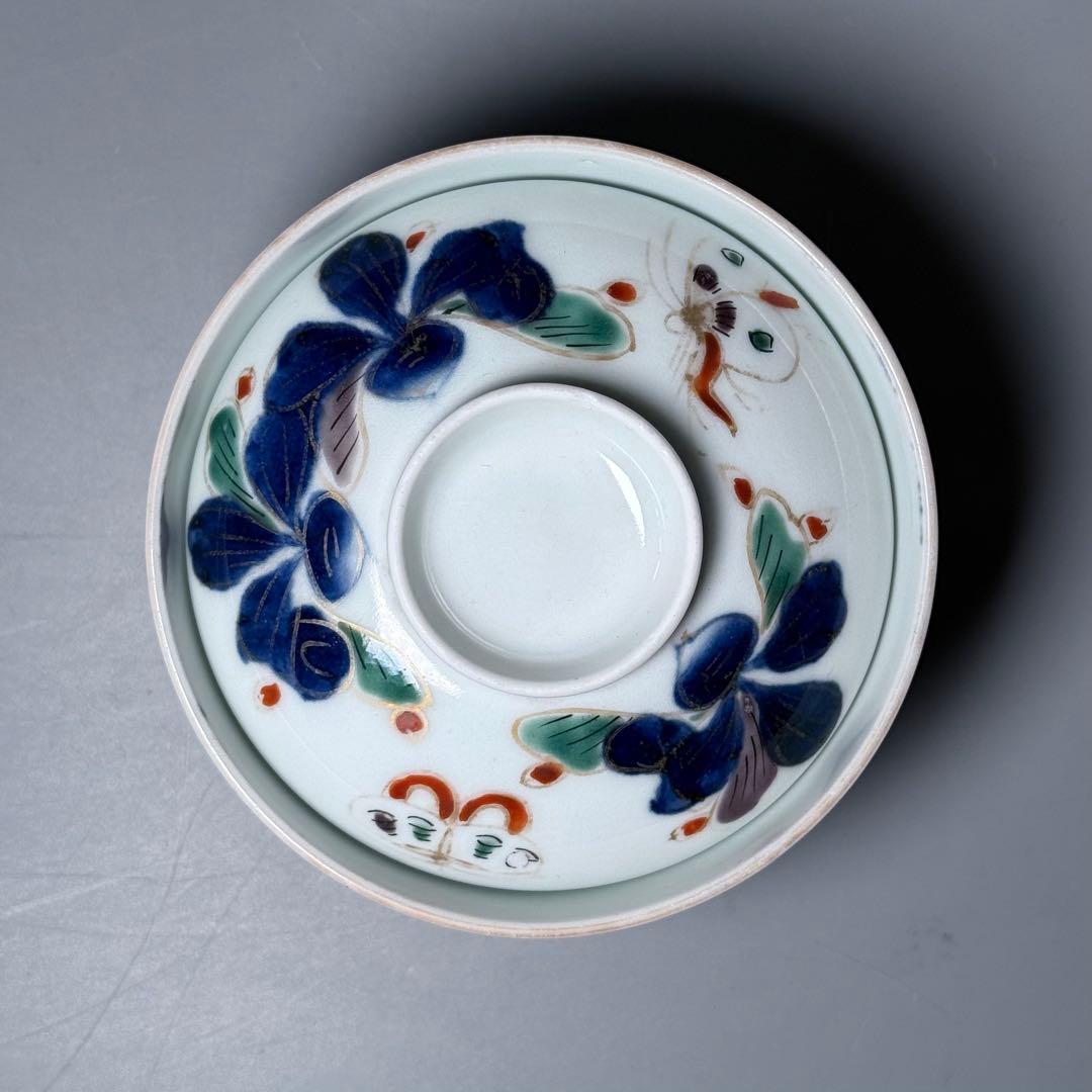 幕末〜明治時代　染錦かぶ文様蓋物　五客　蝶　可愛らしい器　料理屋