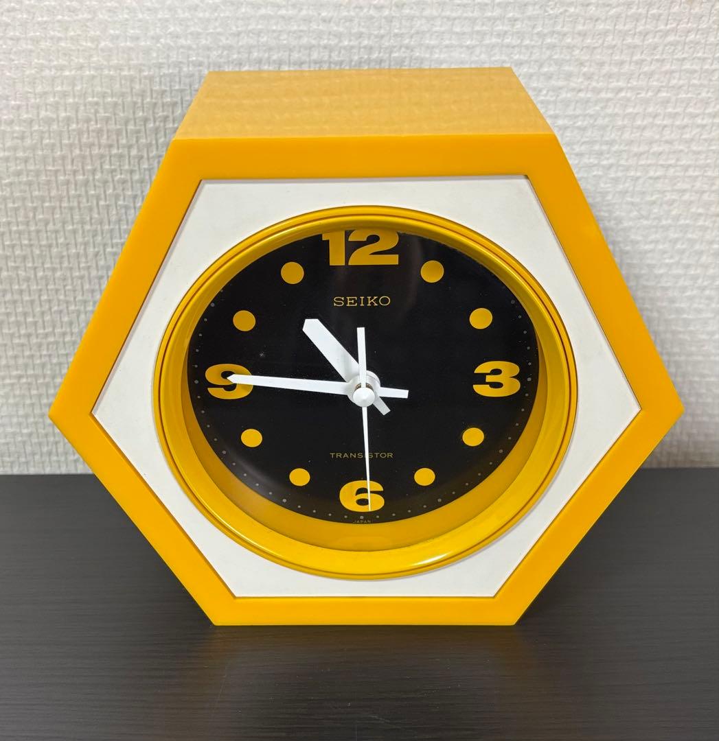 【昭和レトロ】セイコー 置き時計 イエロー 六角形 スペースエイジ 激レア