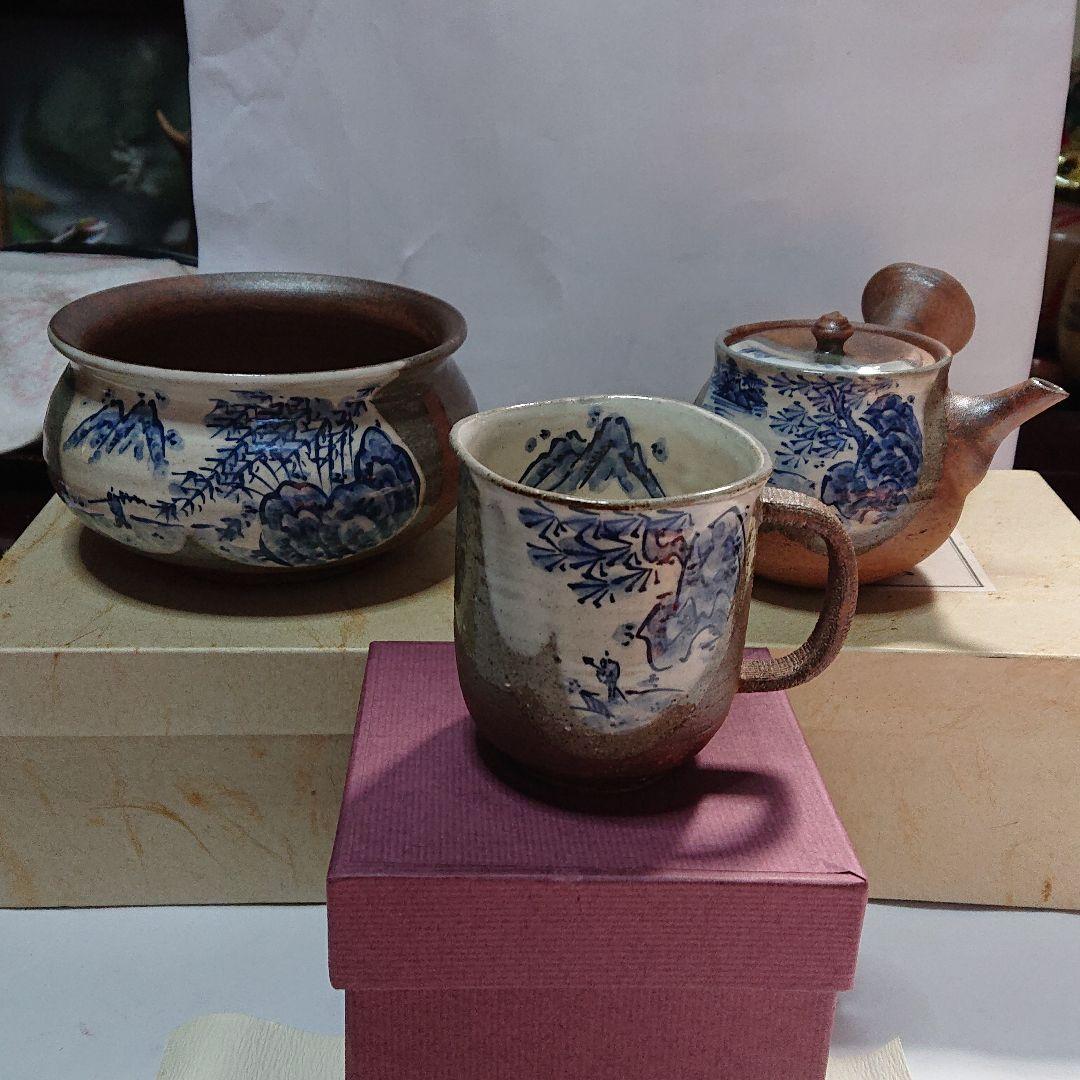 作家物みちのく長瀞末家焼ひろ窯急須と茶こぼしとマグカップ(未使用品)