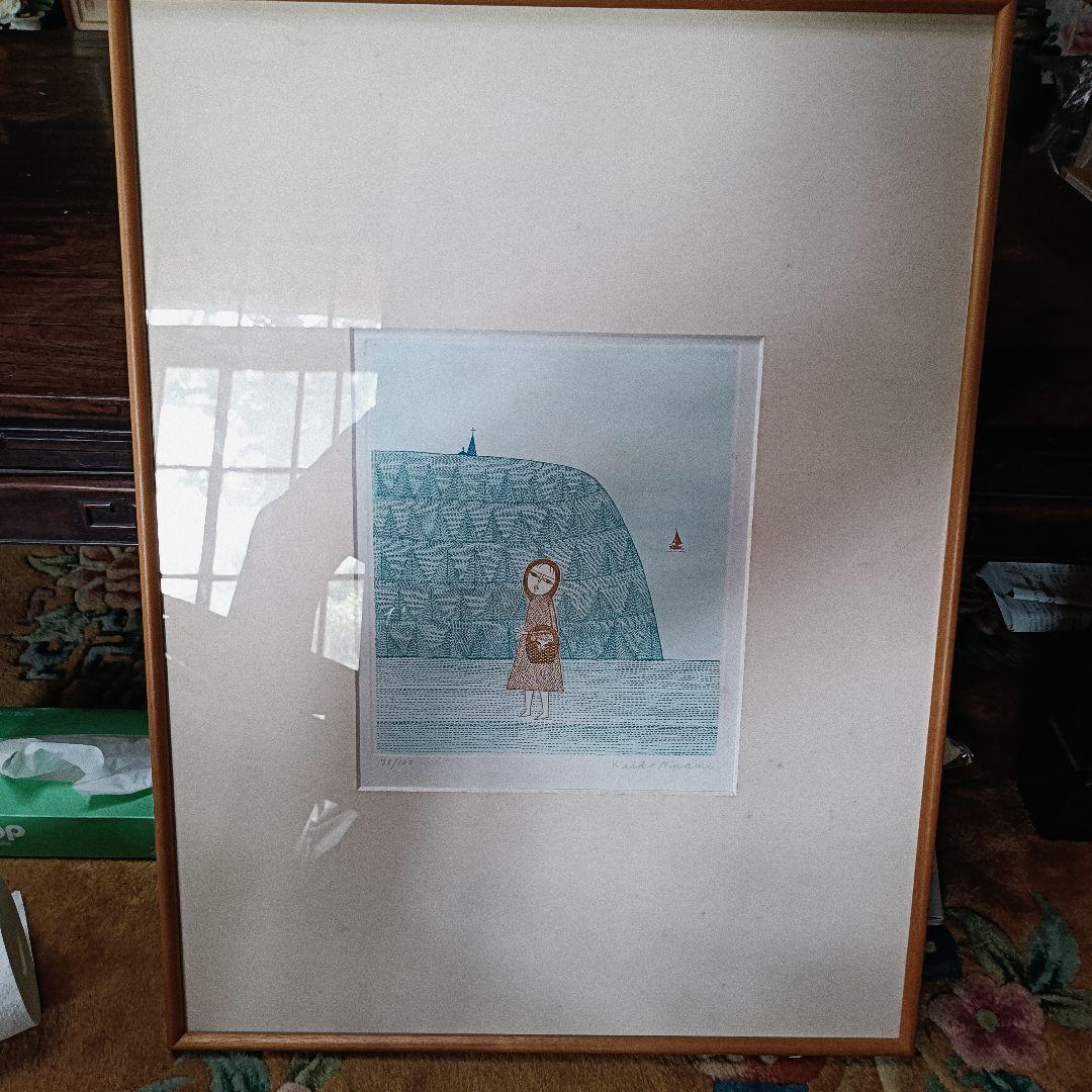 真作　南圭子 水彩画 版画　少女と子猫　リトグラフ