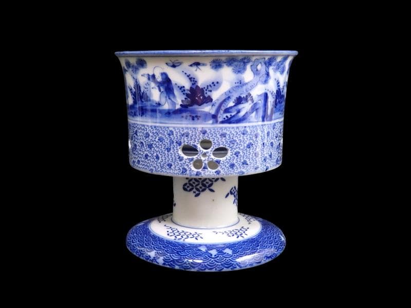 古伊万里　染付　透かし　微塵唐草に唐子　山水紋の図　盃洗　F202ASfbtb